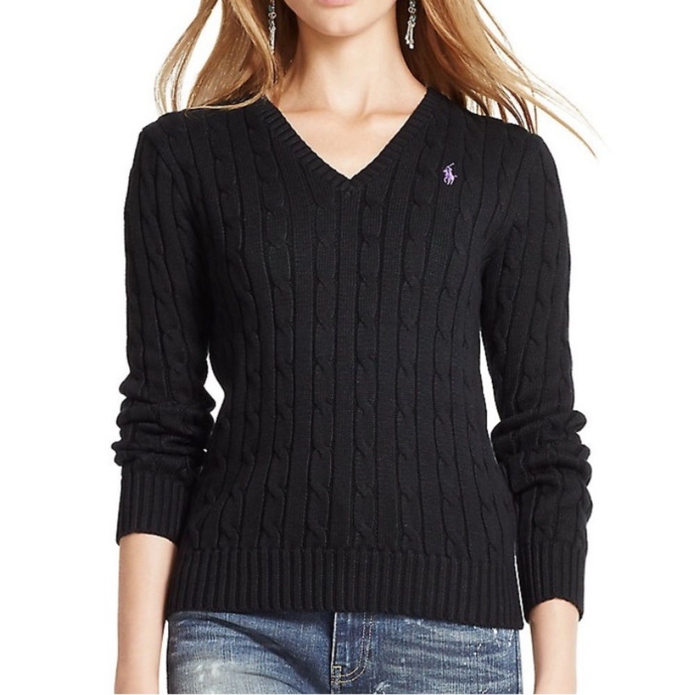 Ralph Lauren Black Cable-Knit V-Neck Sweater